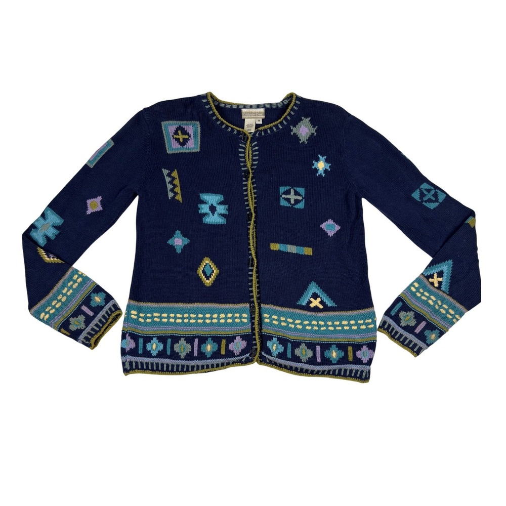 Vintage Coldwater Creek Navy Blue Geometric Knit Cardigan Sweater‎ Womens M